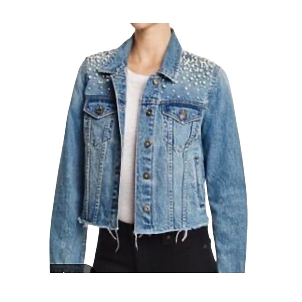 Sunset + Spring medium pearl embellished cropped denim jacket C2 3452